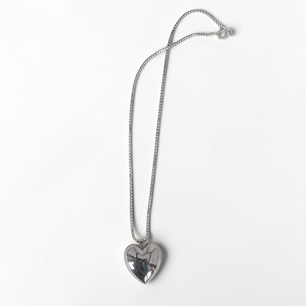 Sterling Silver 925 Box Chain Puffy Heart Pendant Necklace Choker Vintage 15"